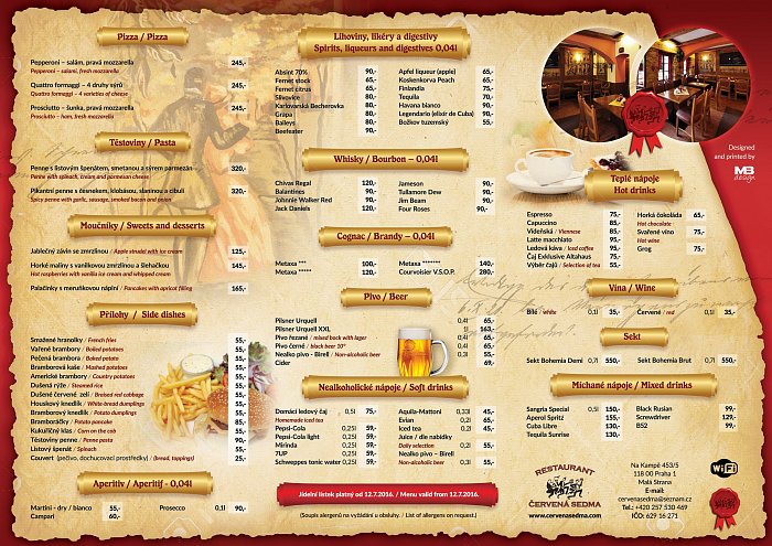 Grafický návrh menu - Restaurace Praha